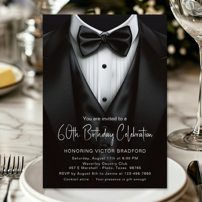 Schwarz-weiße Tuxedo Mens beliebiger Anzahl Geburt Einladung (Black and white tuxedo any number birthday or event invitation. )