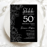 Schwarz-weiße Überraschung 50 Geburtstag Einladung<br><div class="desc">Schwarz-weiße Überraschung 50. Geburtstag Einladung. Minimalistisches modernes feminines Design mit botanischen Akzenten und Typografie-Script-Schriftart. Einfache florale Einladungskarte perfekt für eine stilvolle weibliche Überraschung am Tag. Gedruckte Zazzle Einladungen oder Sofortdownload digitalen druckbaren Vorlage.</div>