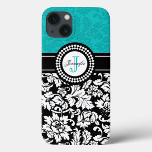 Schwarz-weiße und blaue Vintage BlumenDamasken Case-Mate iPhone Hülle