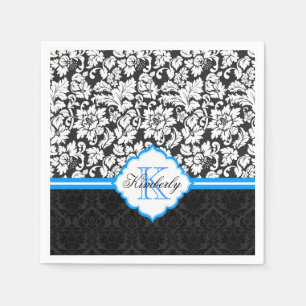 Schwarz-weiße und blaue Vintage BlumenDamasken Serviette