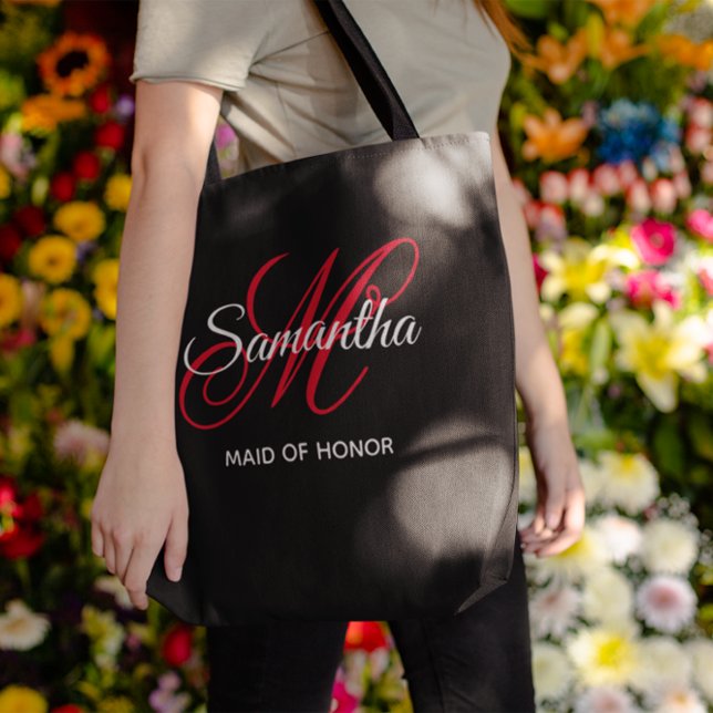 Schwarz-weiße und Extravagante Monogramm-Trauzeugi (Black White and Red Fancy Monogram Maid of Honor Tote Bag)