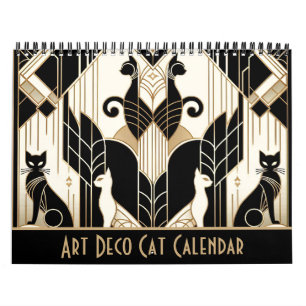 Schwarz-weiße und Gold Art Deco Cat Kalender