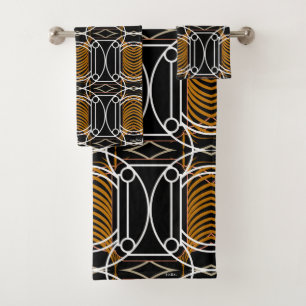 Schwarz-weiße und Gold Art Deco Handtuchhandtuch S Badhandtuch Set