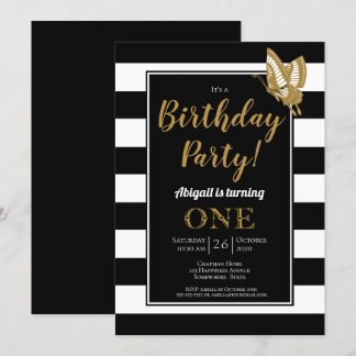 Schwarz-weiße und Gold Glitzer 1. Geburtstag Party Einladung