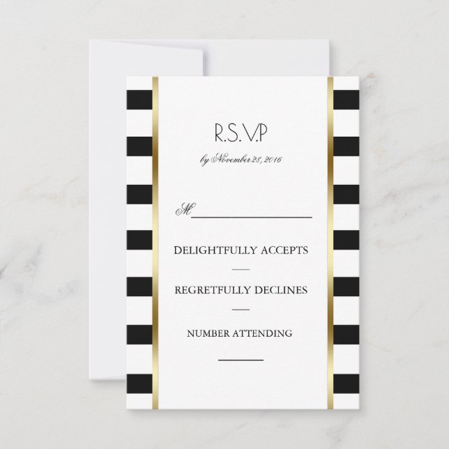 Schwarz-weiße und goldene Streifen Hochzeit Rsvp Karte (Vorderseite)