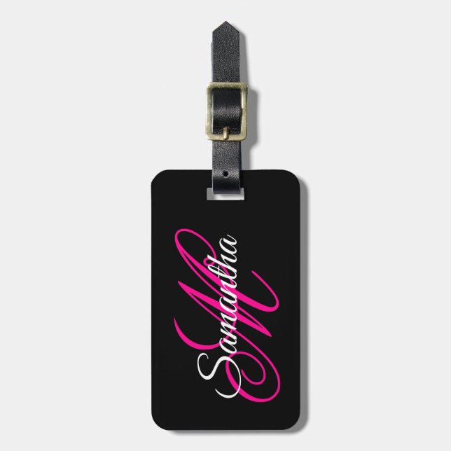 Schwarz-weiße und Hot-Pink-Extravagant-Script-Mono Gepäckanhänger (Vorderseite vertikal)