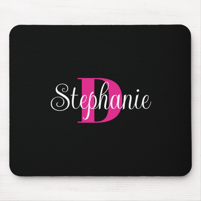 Schwarz-weiße und Hot-Pink-Girl-Modern-Monogramm Mousepad (Vorne)