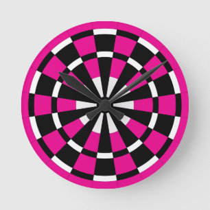 Schwarz-weiße und rosa Dartboard Runde Wanduhr
