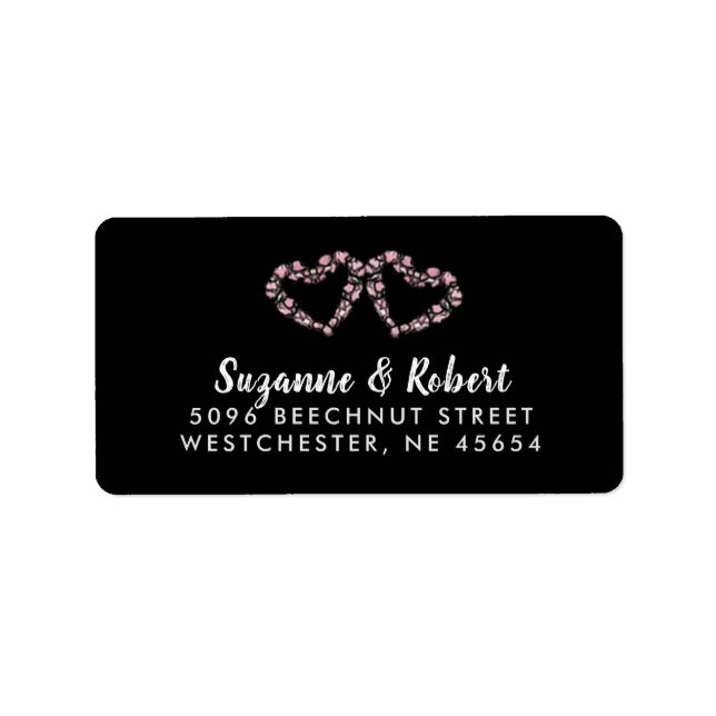 Schwarz-weiße und rosa Herzen Hochzeitadresse Adressaufkleber (Vorne)