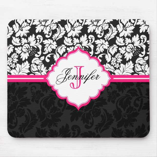 Schwarz-weiße und rosa Vintage BlumenDamaskus 2 Mousepad (Vorne)