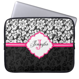 Schwarz-weiße und rosafarbene Vintage Floral-Damas Laptopschutzhülle