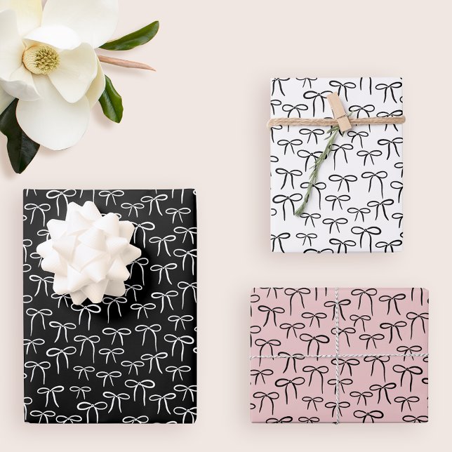 Schwarz-weiße und Rose Einfache Bows Muster Geschenkpapier Set (set of three gift wrapping sheets with coordinating pattern of black and white simple bows plus pink)