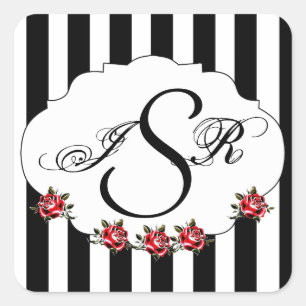 Schwarz-weiße und Rote Rose Wedding Monogram Quadratischer Aufkleber