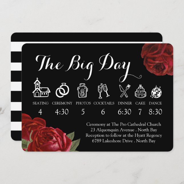 Schwarz-weiße und Rote Rosen Hochzeitszeit Einladung (Vorne/Hinten)