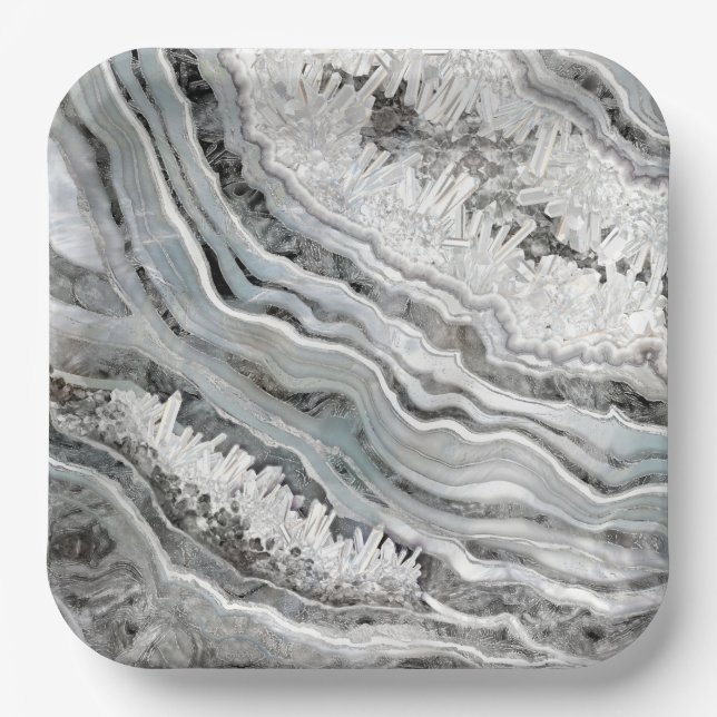 Schwarz-weiße und silberne Geode Digitale Kunst Pappteller (Vorderseite)