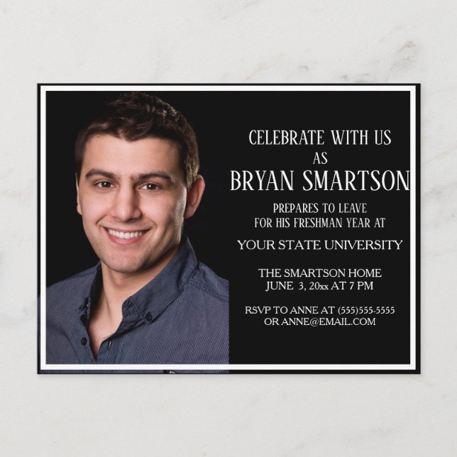 Schwarz-weiße Uni Trunk Party Foto Einladung (Vorderseite)