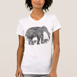 Schwarz-weiße verzierte Blumen-Elefanten T-Shirt