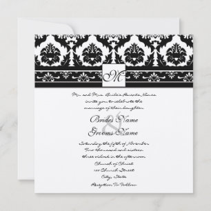 Schwarz-weiße Vintage-Blumen-Damask-Hochzeit Einladung