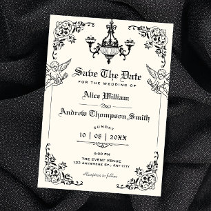 Schwarz-weiße Vintage-gotische Hochzeitsbogen Save The Date