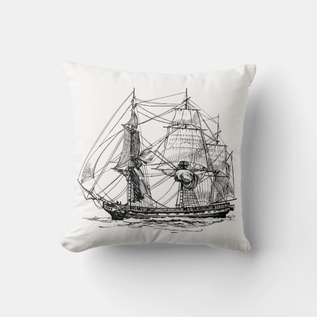 Schwarz-weiße Vintage SegelbootWohngestaltung Kissen (Vorderseite)