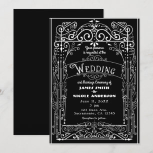 Schwarz-Weiße Vintage viktorianische Deco Hochzeit Einladung