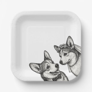 Schwarz-weiße Vintage-whimsical-Corgi-Hochzeit  Pappteller
