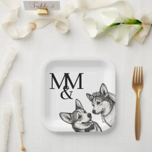 Schwarz-weiße vintage-whimsical-Corgi-Hochzeit Pappteller