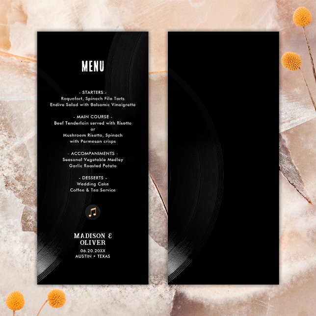 Schwarz-weiße Vinyl Record-Hochzeitmenü mit indivi Menükarte (Front/Back)