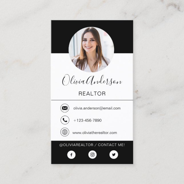 Schwarz-weiße Visitenkarte für das berufliche Foto (Vorderseite)