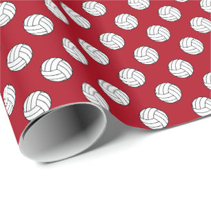 Schwarz/Weiße Volleyballbälle auf Dunkelrot Geschenkpapier