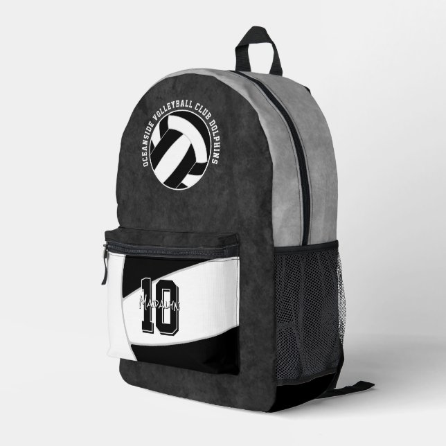 Schwarz-weiße Volleyballmannschaftsfarben Teamname Bedruckter Rucksack (Rückseitige Ecke Rechts)