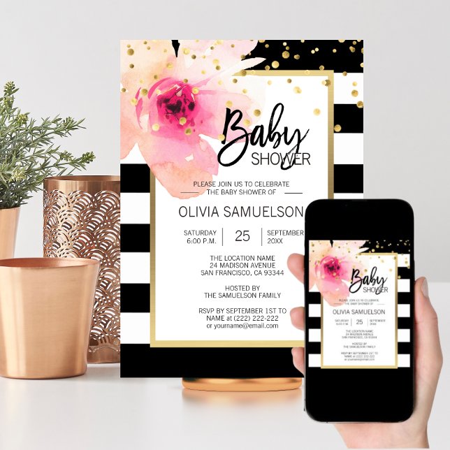 Schwarz-weiße Wasserfarbe Rosa Blumendusche Einladung (Black White Watercolor Pink Floral Baby Shower Invitation)