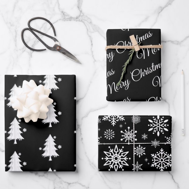 Schwarz, weiße Weihnachten, Bäume, Schneeflocken U Geschenkpapier Set (Vorderseite)