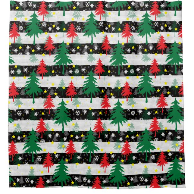 Schwarz-weiße Weihnachtsschnee Streifen Rote Grüne Duschvorhang (Vorderseite)