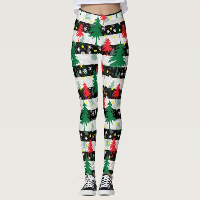 Schwarz-weiße Weihnachtsschnee Streifen Rote Grüne Leggings (Vorderseite)