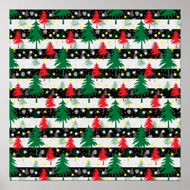 Schwarz-weiße Weihnachtsschnee Streifen Rote Grüne Poster (Vorne)