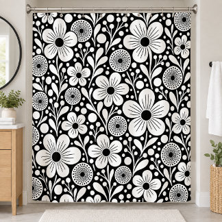 Schwarz-weiße whimsical Blumen Duschvorhang