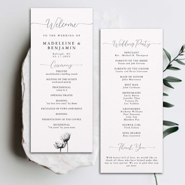 Schwarz-weiße Wilde Poppies Elegantes Hochzeitspro (wedding ceremony program black white floral winter fall summer wild mountain poppies elegant formal )