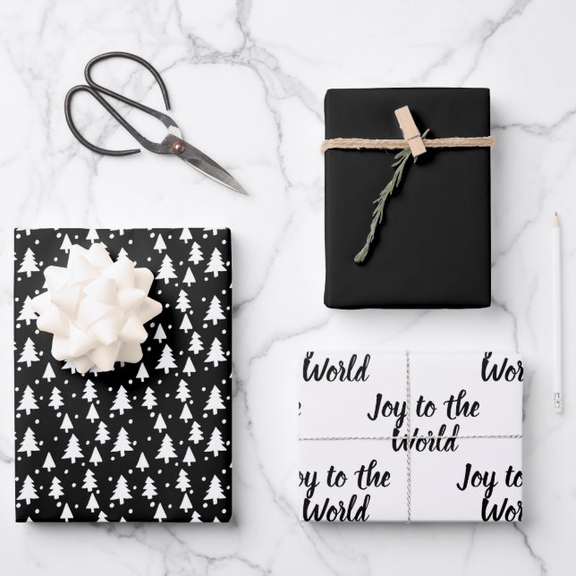 Schwarz-weiße Winterbaumfreude an der Welt Geschenkpapier Set (Vorderseite)