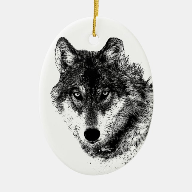 Schwarz-weiße Wolf-Augen Keramik Ornament (Vorne)
