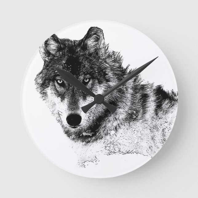 Schwarz-weiße Wolf-Augen Runde Wanduhr (Vorderseite)