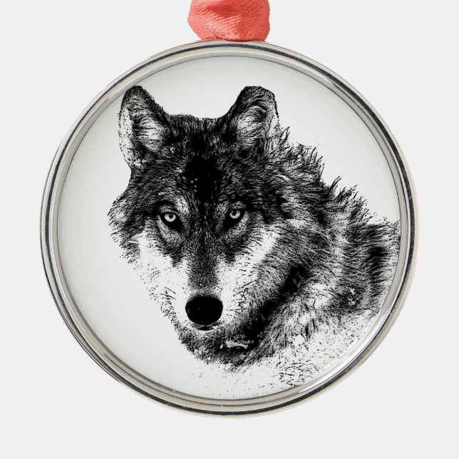 Schwarz-weiße Wolf-Augen Silbernes Ornament (Vorne)