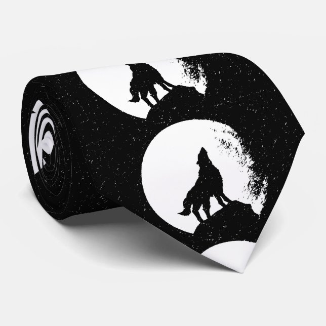 Schwarz-weiße Wolf- und Moon-Silhouette Krawatte (Gerollt)