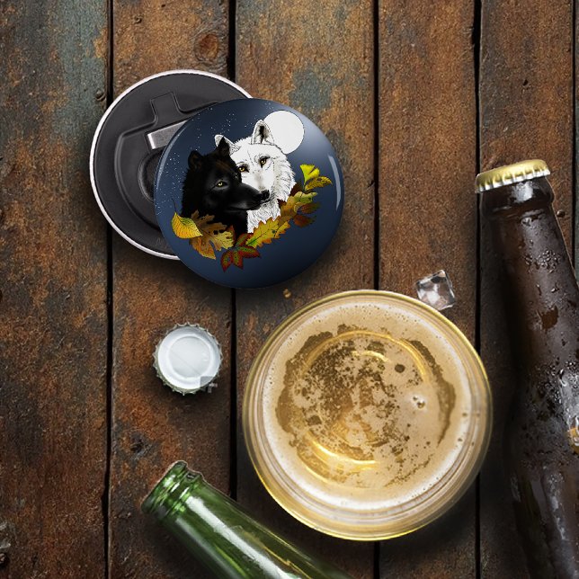 Schwarz Weiße Wölfe Mondlicht Herbstblätter Flaschenöffner (Von Creator hochgeladen)