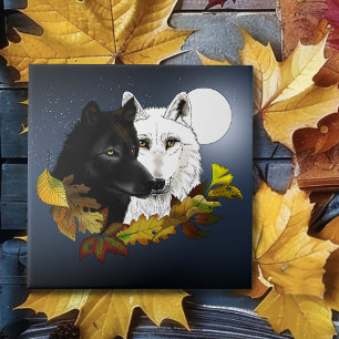 Schwarz Weiße Wölfe Mondlicht Herbstlaub Fliese