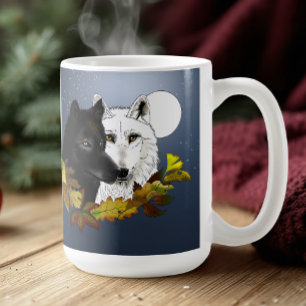 Schwarz Weiße Wölfe Mondlicht Herbstlaub Kaffeetasse