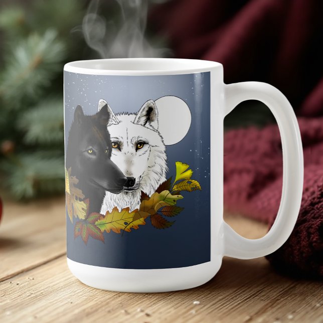 Schwarz Weiße Wölfe Mondlicht Herbstlaub Kaffeetasse (Von Creator hochgeladen)