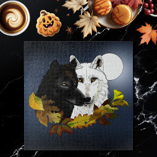 Schwarz Weiße Wölfe Mondlicht Herbstlaub Puzzle