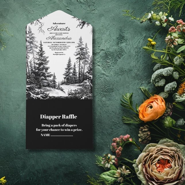 Schwarz-weiße Woodland Adventure Baby-Dusche All In One Einladung (Von Creator hochgeladen)