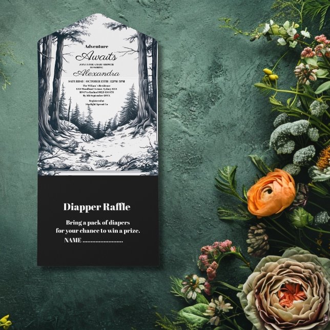 Schwarz-weiße Woodland Adventure Baby-Dusche All In One Einladung (Von Creator hochgeladen)